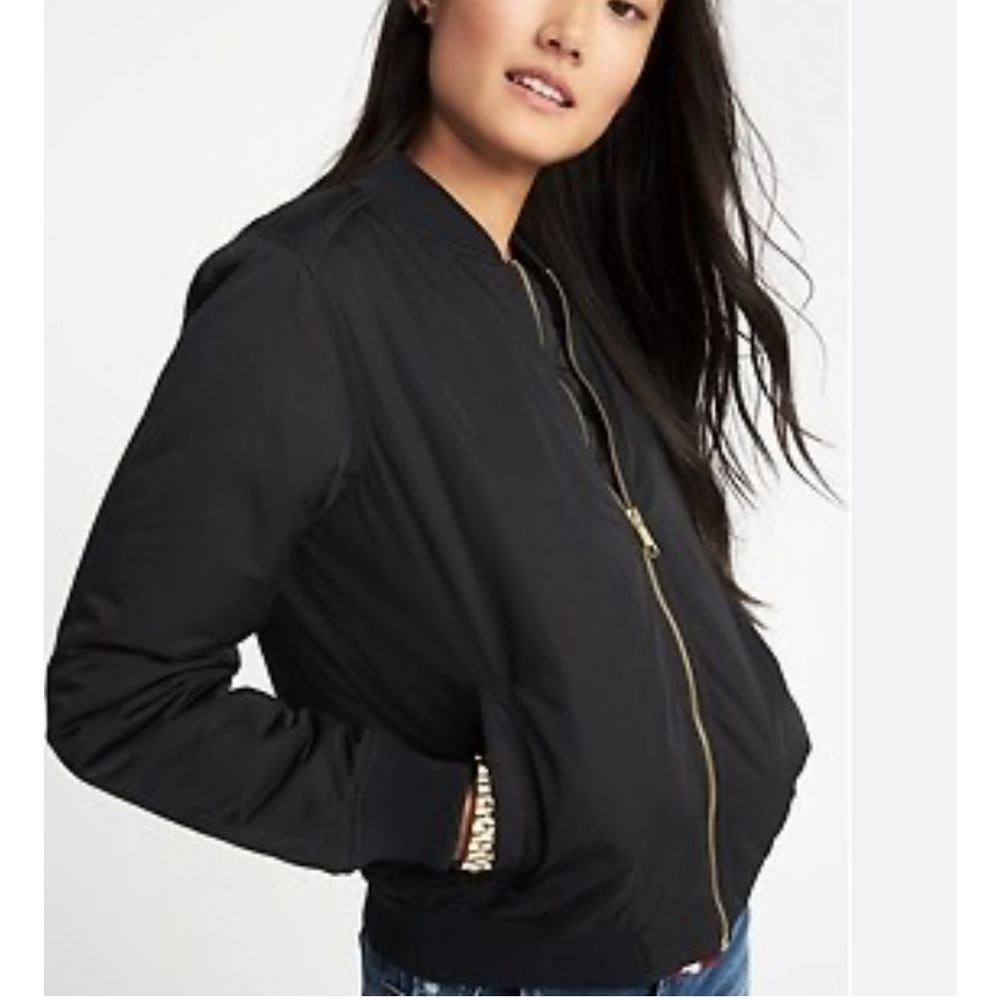 Old Navy Black Bomber Jacket with Gold Zipper Size L